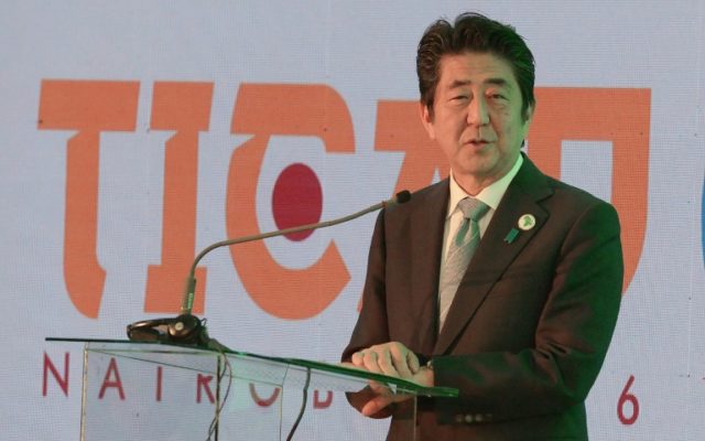 Japanese Prime Minister Shinzo Abe speaks during a session with Kenya's Ministry of Health