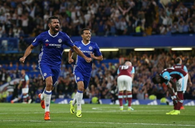 Chelsea's Diego Costa (L) celebrates after scoring a goal during their English Premier Lea