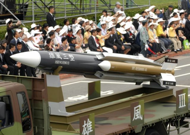 A model of a home-grown supersonic Hsiung-feng III (Brave Wind) ship-to-ship missile is se