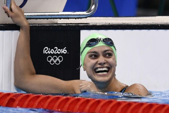 Faye Husain of Kuwait after competing in the women's 50m Freestyle heats in Rio on August