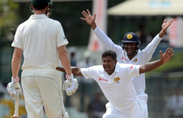 Sri Lanka's Rangana Herath (centre) appeals during the third day of the third and final Te