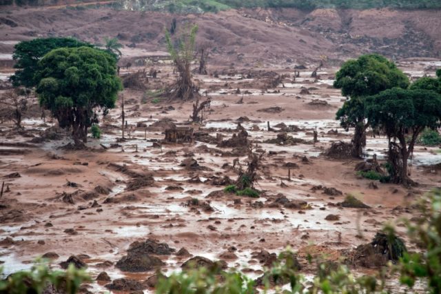 Aerial view of the village of Bento Rodrigues in Brazil after a dam burst on November 5, 2