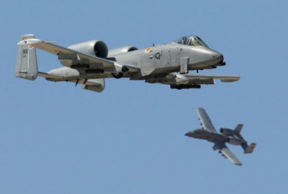 INDIAN SPRINGS, NV - SEPTEMBER 14: A pair of A-10 Thunderbolts fly by during a U.S. Air F
