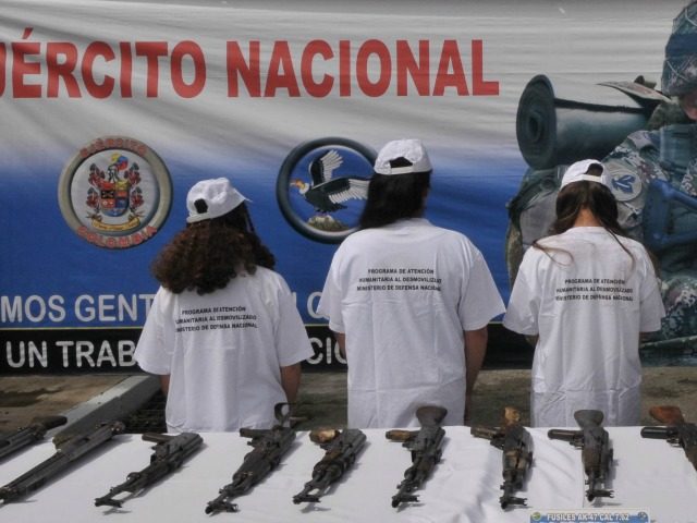 Four alleged members of the Revolutionary Armed Forces of Colombia (FARC) stand by weapons