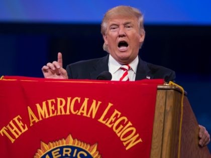Republican presidential candidate Donald Trump gestures as he speaks to the American Legio