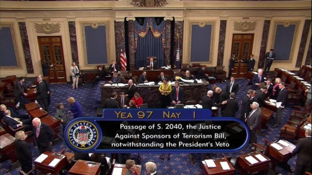 This frame grab from video provided by C-SPAN2, shows the floor of the Senate on Capitol Hill in Washington, Wednesday, Sept. 28, 2016, as the Senate acted decisively to override President Barack Obama's veto of Sept. 11 legislation, setting the stage for the contentious bill to become law despite flaws …