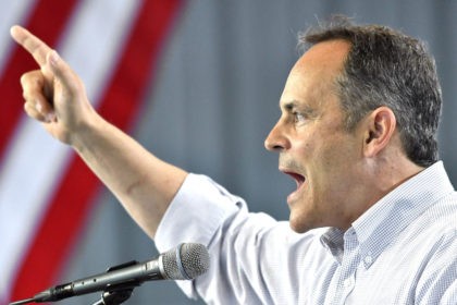 Kentucky Governor Matt Bevin attempts to make a point with the audience at the Fancy Farm Picnic, Saturday, Aug. 6, 2016 in Fancy Farm Ky. (AP Photo/Timothy D. Easley)