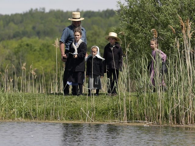 An Amish man looks on as his children fish on a pond on Thursday, May 29, 2014, in Fairfie