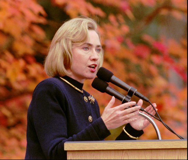 First lady Hillary Rodham Clinton addresses a crowd at Oregon State University during a ca