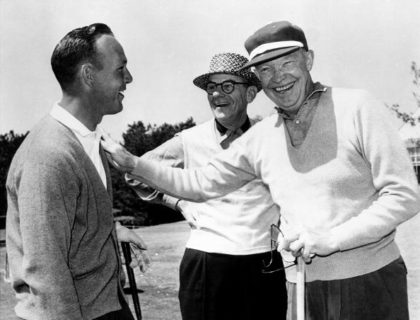AUGUSTA, GA - 1950's: Arnold Palmer, Clifford Roberts and President Dwight D. Eisenhower share a laugh during the 1950's Masters Tournament at Augusta National Golf Club in Augusta, Georgia. (Photo by Augusta National/Getty Images)
