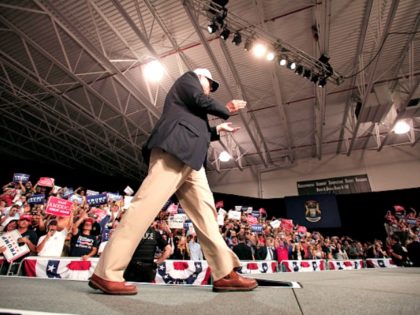 DIMONDALE, MI - AUGUST 19: Republican presidential nominee Donald Trump makes his way to t