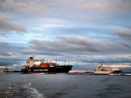 GRANGEMOUTH, SCOTLAND - SEPTEMBER 27: JS INEOS Insight, the first ship carrying shale gas from the US, arrives in the Firth of Forth en route to Grangemouth Oil refinery on September 27, 2016 in Edinburgh, Scotland. The tanker is the first of eight shipping ethane from US shale fields, in …