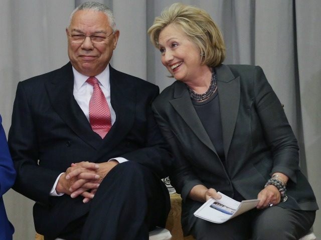 Former secretaries of state (L-R) Colin Powell and Hillary Clinton Sept. 3, 2014 in Washin