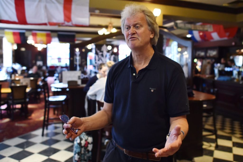 Chairman of Wetherspoons pub chain, Tim Martin is seen during an interview in London on June 14, 2016. At popular British pub chain Wetherspoon, the EU referendum debate is hard to avoid -- it's in the magazine given out to customers, on the company website and even on special anti-EU beer mats. / AFP / BEN STANSALL / TO GO WITH AFP STORY BY DARIO THUBURN        (Photo credit should read BEN STANSALL/AFP/Getty Images)