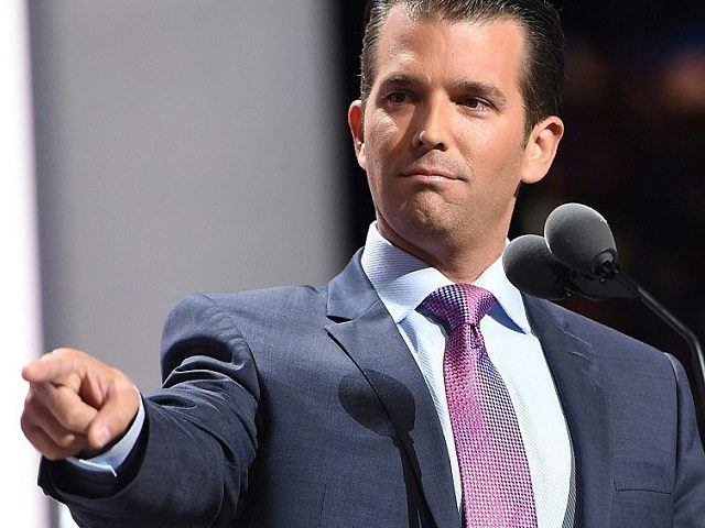 Donald Trump's son Donald Trump Jr. addresses delegates on the second day of the Republican National Convention on July 19, 2016 at the Quicken Loans Arena in Cleveland, Ohio. / AFP / Robyn BECK (Photo credit should read ROBYN BECK/AFP/Getty Images)