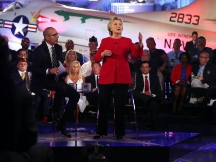 Matt Lauer looks on as Democratic presidential nominee Hillary Clinton speaks during the N