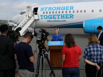 Democratic presidential nominee former Secretary of State Hillary Clinton speaks to report