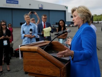 Democratic presidential nominee former Secretary of State Hillary Clinton speaks to report
