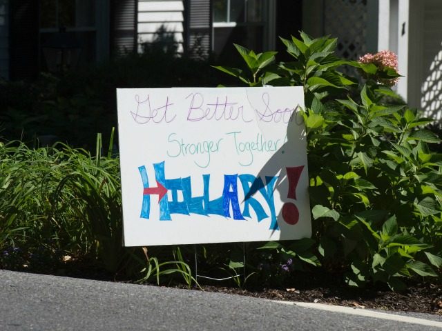 a sign wished Hillary Clinton well September 12, 2016 in Chappaqua, New York.