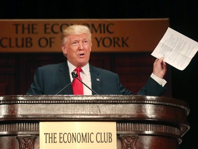 Republican presidential candidate Donald Trump speaks at a lunch hosted by the Economic Club of New York on September 15, 2016 in New York City.