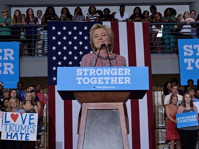 Democratic presidential nominee Hillary Clinton pauses while speaking during a rally at Un