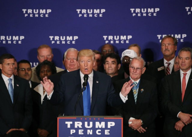 WASHINGTON, DC - SEPTEMBER 16: Surrounded by military veterans, US Republican presidentia