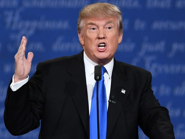 Republican nominee Donald Trump gestures during the first presidential debate at Hofstra U