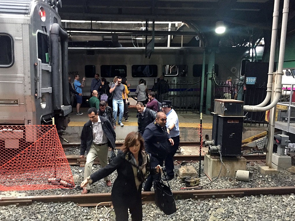 HOBOKEN, NJ - SEPTEMBER 29: Passengers rush to safety after a NJ Transit train crashed in to the platform at the Hoboken Terminal September 29, 2016 in Hoboken, New Jersey. (Photo by Pancho Bernasconi/Getty Images)