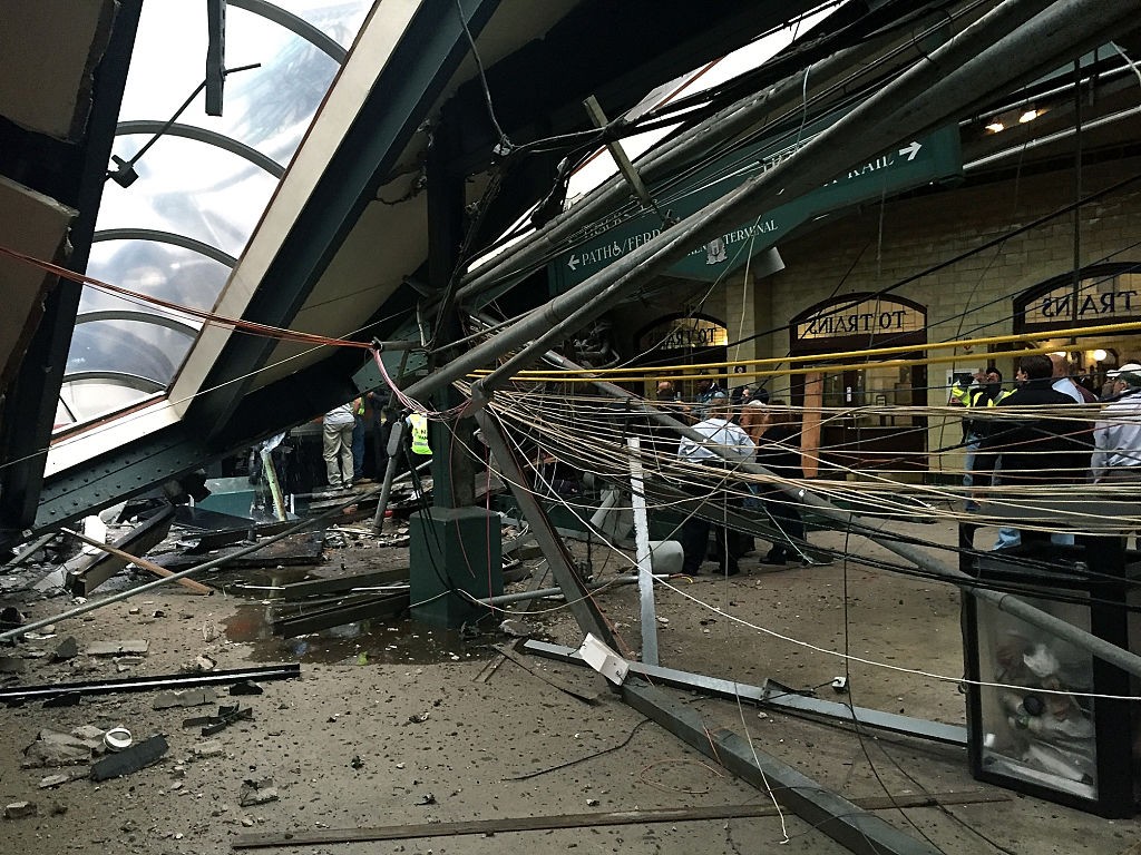 HOBOKEN, NJ - SEPTEMBER 29: The roof collapse after a NJ Transit train crashed in to the platform at the Hoboken Terminal September 29, 2016 in Hoboken, New Jersey. (Photo by Pancho Bernasconi/Getty Images)