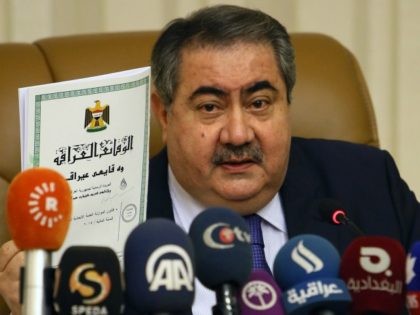 Iraqi Finance Minister Hoshyar Zebari speaks during a press conference during which he is expected to address the contentious issue of revenue sharing between Baghdad and the autonomous region of Kurdistan on February 26, 2015 in Baghdad. AFP PHOTO / ALI AL-SAADI (Photo credit should read ALI AL-SAADI/AFP/Getty Images)