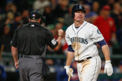 SEATTLE, WA - MAY 28: Steve Clevenger #32 of the Seattle Mariners heads back to the dugou