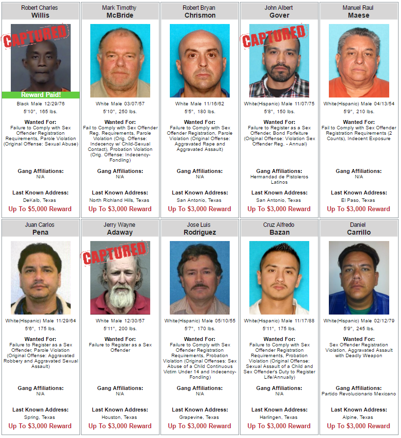 Texas DPS 10 Most Wanted Sex Offenders - 9-7-16. 