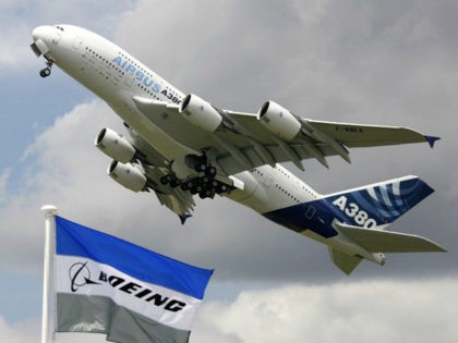 An Airbus A380 takes off for a flying display at the 47th Paris Air Show at Le Bourget air