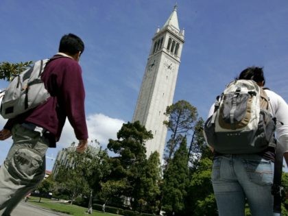 BERKELEY, CA - APRIL 17: UC Berkeley students walk by Sather Tower on the UC Berkeley cam