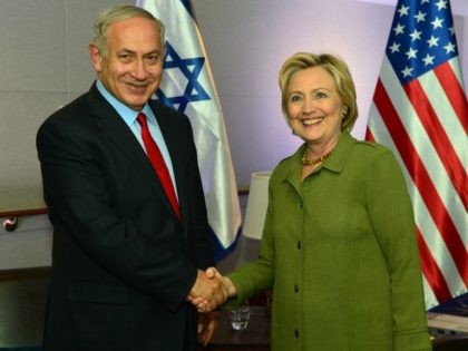 NEW YORK, NY - SEPTEMBER 25: In this handout provided by the Israeli Government Press Office, Prime Minister Benjamin Netanyahu shakes hands with Democratic nominee for U.S. president Hillary Clinton at the W Hotel in Union Square September 26, 2016 in New York City. The prime minister met earlier with …