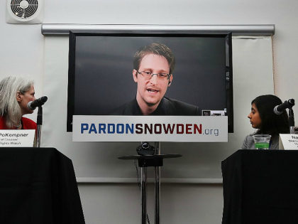 NEW YORK, NY - SEPTEMBER 14: Edward Snowden speaks via video link at a news conference for