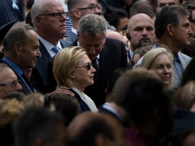 New York City Mayor Bill de Blasio speaks to US Democratic presidential nominee Hillary Cl