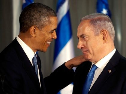 JERUSALEM , ISRAEL- MARCH 20: U.S. President Barack Obama (L) greets Israeli Prime Minister Benjamin Netanyahu during a press conference on March 20, 2013 in Jerusalem, Israel. This is Obama's first visit as President to the region, and his itinerary will include meetings with the Palestinian and Israeli leaders as …