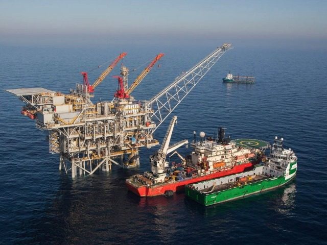 MEDITERRANEAN SEA, ISRAEL - FEBRUARY 2013: In this handout image provided by Albatross, The Tamar drilling natural gas production platform is seen some 25 kilometers West of the Ashkelon shore in February 2013 in Israel. (Photo Photo by Albatross via Getty Images)