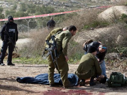 An injured Palestinian suspected attacker is treated by Israeli medic soldiers after he was shot following a stabbing attack on January 18, 2016 in the Tekoa settlement, south of Jerusalem. A Palestinian, who stabbed a pregnant woman, was shot by security personnel, the Israeli army and medics said, in the …