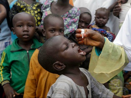 In this photo taken on Sunday, Aug. 28, 2016, a health official administers a polio vaccine to children at a camp for people displaced by Islamist Extremist in Maiduguri, Nigeria. An emergency polio vaccination campaign aimed at reaching 25 million children this year has begun in parts of Nigeria newly …