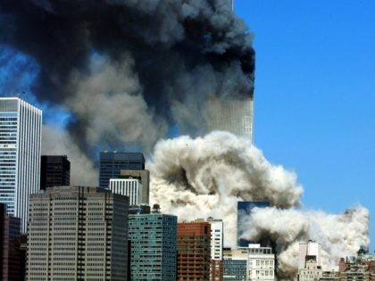Smoke billows up after the first of the two towers of the World Trade Center collapses 11