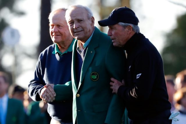 L-R: Jack Nicklaus, Arnold Palmer and Gary Player attend the ceremonial tee off to start t