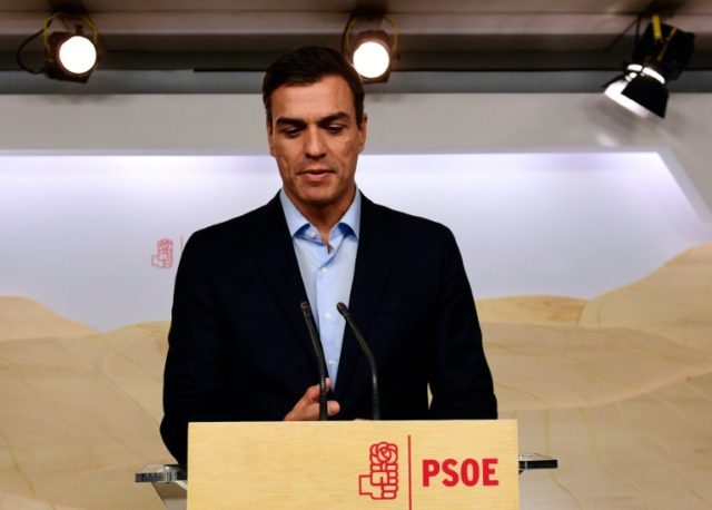 Spanish Socialist Party (PSOE) leader Pedro Sanchez gives a press conference at the party