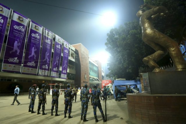Bangladesh police stand guard outside at the Sher-e-Bangla National Cricket Stadium in Dha