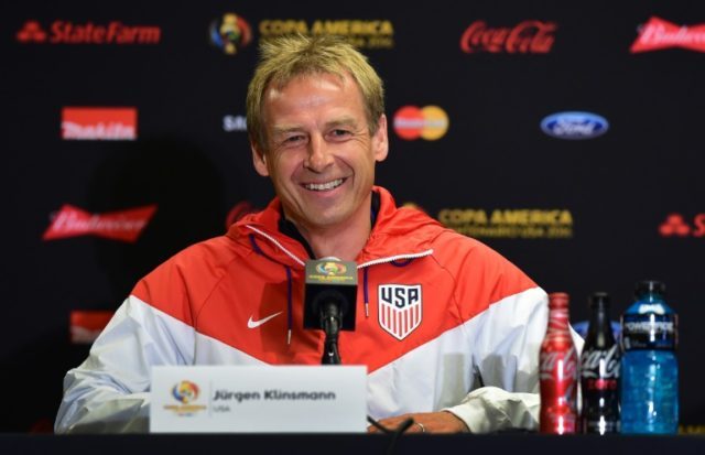 US coach Jurgen Klinsmann attends a press conference in Houston, Texas, one day ahead of t