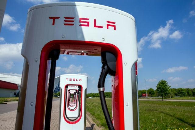 Tesla charging stations for electric cars are pictured in Wittenburg, northeastern Germany