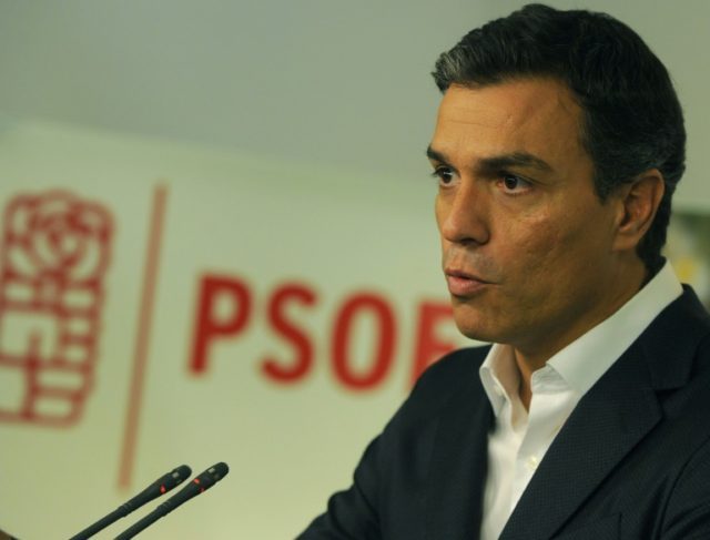 Spain's Socialist Party (PSOE) leader Pedro Sanchez speaks during a press conferences foll