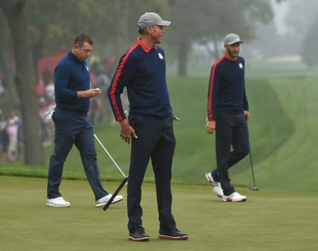Team Europe Lee Westwood and Team USA Matt Kuchar and Dustin Johnson arrive during the Mor