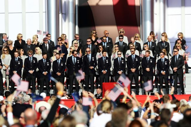 The US team stand on stage during the 2016 Ryder Cup Opening Ceremony at Hazeltine Nationa